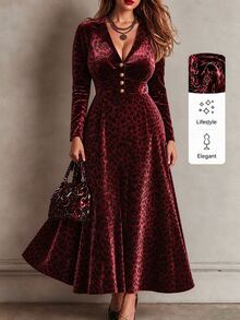 Linhara CURVE Plus Size Women's Leopard Print V-Neck Long Sleeve A-Line Pleated Elegant Dress - Burgundy - View 4