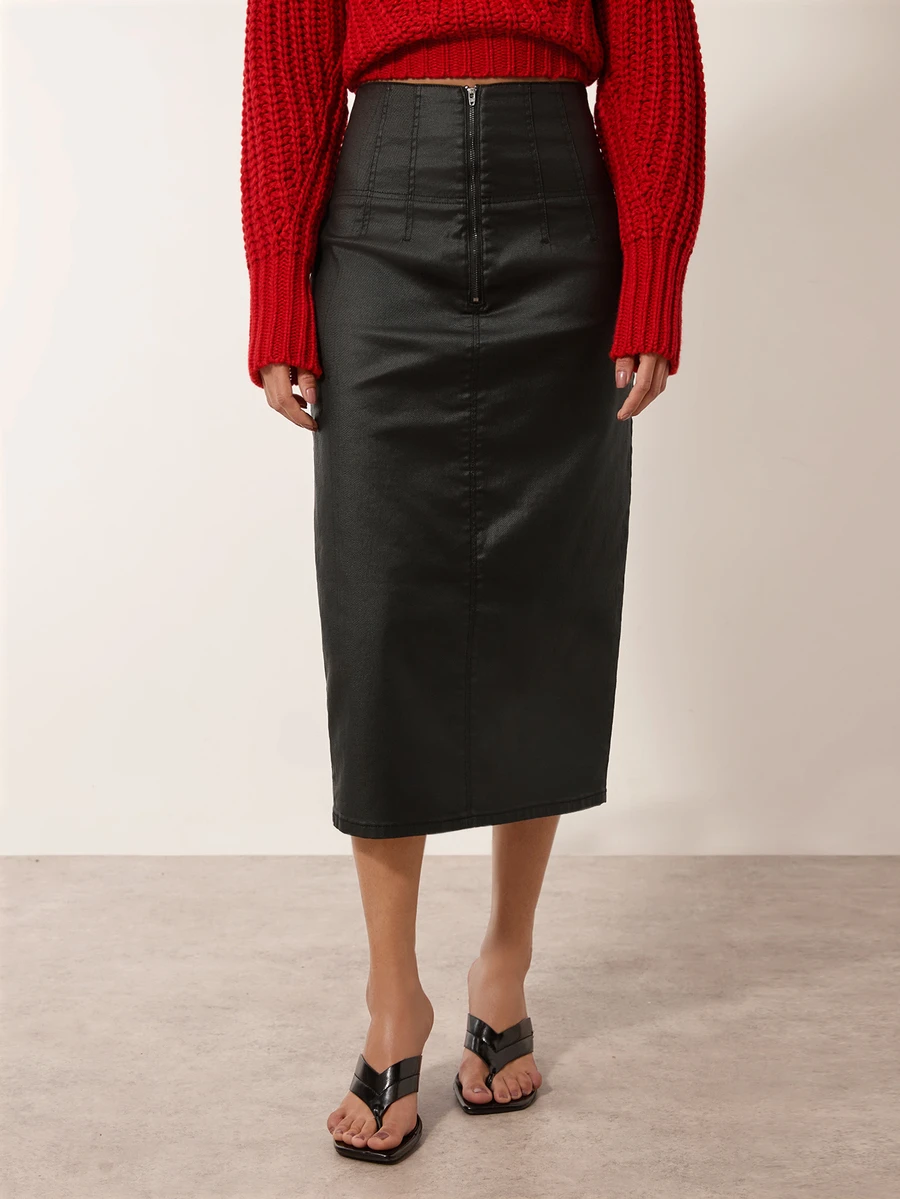 MERLEAU Women's Modern Black Coated Denim Skirt - Black - View 1