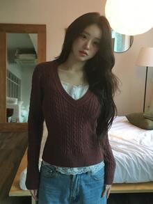 DAZY 女款對比蕾絲 2 合 1 修身長袖休閒韓風日常度假春秋針織毛衣 - 酒紅色 - 查看 3