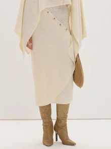 Cream Knit Asymmetric Button Midi Skirt Everyday Casual Chic Date Night New Season Elegant Party Romantic Museyn Feminina - Apricot - View 2