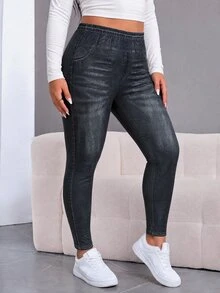 SHEIN CURVE+ بنطلون كاجوال مقاس كبير بجيوب وأزرار وتصميم ممزق بقصة ضيقة للارتداء اليومي، خريف وشتاء 2026 22W - رمادي غامق - مشاهدة 6