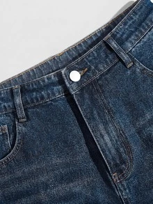SHEIN MOD 大尺碼女款口袋寬腿寬鬆休閒牛仔褲 - 深色水洗藍 - 查看 5