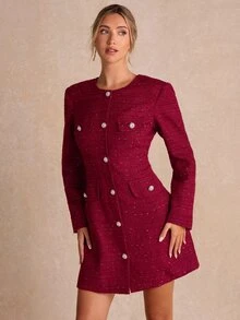 Enchnt Premium Winter Romantic Women's Elegant Red Tweed Casual Daily Short Dress,,Formal Dress,Graduation Dress,Thanksgiving,Work Wear,Going Outfits - Red - View 6