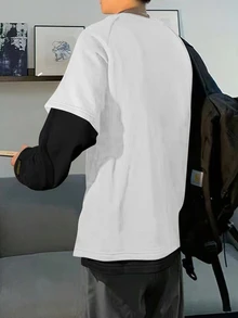 Manfinity Hypemode 男士寬鬆版字母拼接插肩袖二合一運動衫，適合秋季 - 白色 - 查看 2