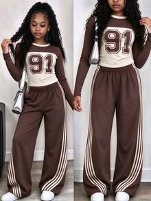 Tween Girls Autumn Casual Fashion Letter 91m Brown Striped Patchwork Ruched Waist Long Sleeve T-Shirt & Wide Leg Pants Set - Multicolor - View 3