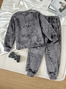 SHEIN 兒童男童秋冬長袖上衣與長褲舒適居家睡衣2件套，秋季服飾，四季通用長袖套裝，卡通笑臉可愛遊戲印花圖案 - 灰色 - 查看 2