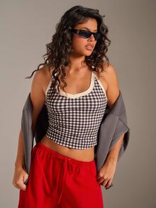 Athîral Women Contrast Trim Gingham Racerback Tank Top Scoop Neck Sleeveless Slim Fit Activewear Yoga Gym - Black and White - View 5