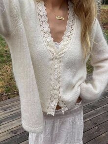 DAZY Women's White V-Neck Lace Trim Button Fitted Plush Short Sweet Long Sleeve Knit Cardigan - Apricot - View 2