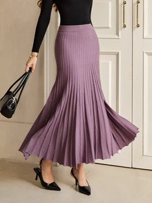 Graceveil Women's Solid Color High Waist Elegant Fashion Knit Skirt - Purple - View 4