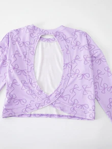 SHEIN 女童 3 件式運動套裝，後背交叉肩帶背心 + 修身長褲 + 紫色蝴蝶結印花露背長袖 T 恤外套，多種穿搭風格，適合瑜珈、戶外運動、休閒日常，易於搭配，秋冬款 - 紫色 - 查看 6