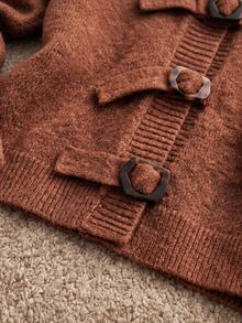 Grovea Plus Size Women's Fall Winter Sweater, Brown Round Neck Knit Cardigan With Mixed Irregular Buckles, Long Sleeve, Loose Slim-Fit, Casual Versatile - Brown - View 7