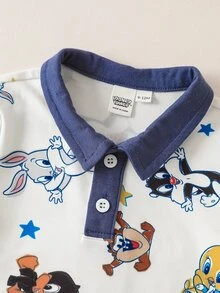 LOONEY TUNES X SHEIN رومبير لطيف للأطفال الذكور بطبعة كرتونية وياقة قميص مع حافة متباينة وأزرار أمامية - الأزرق - مشاهدة 3