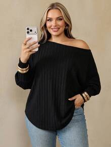 SHEIN CURVE+ Plus Size Women Asymmetrical Hem Batwing Sleeve Solid Color Oblique Shoulder Loose Casual Top - Green - View 8