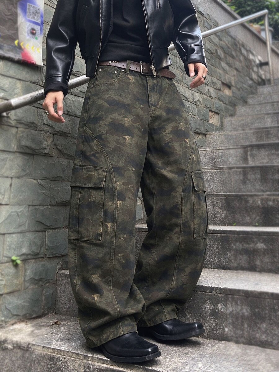 RivetRise 男士休閒日常通勤工作牛仔褲,附口袋與鈕扣設計 - 軍綠色 - 查看 1