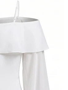 Sweetra Plus Size Early Autumn White Off-Shoulder Chiffon Sleeve Patchwork Elegant Party T-Shirt - White - View 6