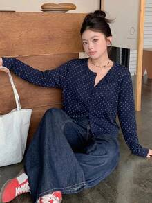 Dazy Plus 大尺碼女童小圓點圓領前開扣長袖休閒開襟衫，春夏秋可愛上衣 - 藏蓝色 - 查看 6