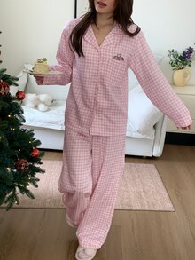 DAZY 2pcs/Set Women's Plaid Cardigan Long Sleeve Top & Straight Leg Long Pajama Pants Sleepwear Set - Pink - View 8