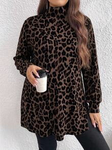 EMERY ROSE Casual Minimalist Vintage Leopard Print Plus Size High Neck Long T-Shirt, Suitable For Spring, Autumn And Winter - Multicolor - View 1