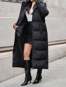 SHEIN جاكيت نسائي مبطن مع حزام جانبي على الخصر وجيوب، أسود كاجوال للشتاء - الأسود - مشاهدة 5