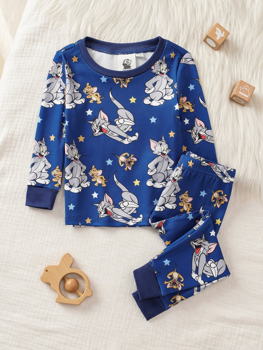 TOM & JERRY X SHEIN Baby Boy 2pcs Tom And Jerry Print Long Sleeve Crew Neck Top And Pants Loungewear Set - Navy Blue - View 1