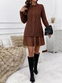 SHEIN Clasi Women's Solid Color Casual Daily Knit Dress - Brown - View 5