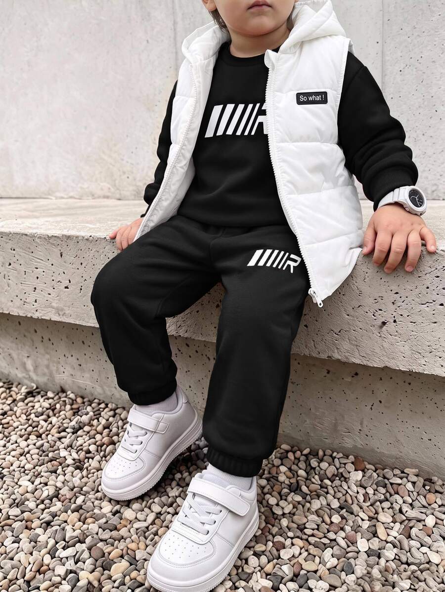 SHEIN 男童 (大號) 外套套裝,休閒寬鬆運動戶外背心與衛衣套裝,適合秋冬、學校、家庭聚會、度假、派對,秋季穿搭,冬季穿搭,男童套裝,兒童套裝 - 黑色 - 查看 1