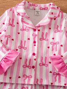 SHEIN 女嬰針織可愛粉色蝴蝶結條紋荷葉邊居家服套裝 2 件組，適合室內、居家、休閒、派對、假日 - 彩色 - 查看 6