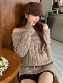 DAZY 女款方領條紋寬鬆休閒毛衣 秋季 - 卡其色 - 查看 6