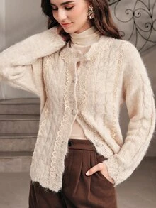 Anewsta Women's Light Color Lace Trim Loose Comfortable Versatile Knit Top For Vacation And Outings - Apricot - View 3