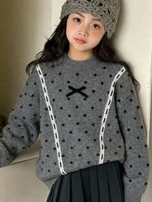 Dazy Kids Tween Girls Bow Decor Polka Dot Long Sleeve Sweater - Dark Grey - View 2