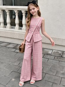 SHEIN 青少年女孩2件套：藍色背心上衣與長褲，兒童休閒優雅白色亮面提花珍珠鈕扣開襟衫配長褲... - 粉色 - 查看 3