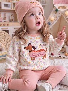 SHEIN 2件組幼女運動衫慢跑褲套裝，甜粉色花朵狗狗圖案，羅紋袖口，長袖圓領，休閒度假款，適合春季假期活動 - 粉色 - 查看 1