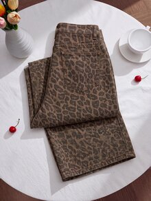 Comfortcana Women's Leopard Print Pocket Simple Versatile Fashion Denim Jeans - Multicolor - View 2