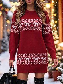 Balvessa Christmas Atmosphere Jacquard Round Neck Bow Loose Red Knit Dress - Red - View 1