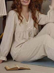 Dazy Plus Cute Plaid Loose Top And Pants 2-Piece Set, Spring/Autumn New Pajama Loungewear - Apricot - View 3