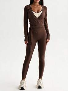 Slayform Women's Colorblock Halter Tank Top, Cardigan And Long Pants Casual Daily Sports Set - Brown - View 4