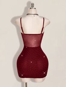 SHEIN ICON 女款時尚性感亮片網紗拼接細肩帶迷你洋裝 - 紅色 - 查看 3