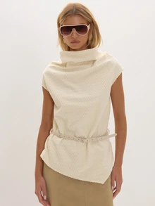 MUSEYN Cream Textured Slouchy Neck Asymmetric Top With Belt Versatile Everyday Casual Chic Date Night New Season Fall - White - View 1