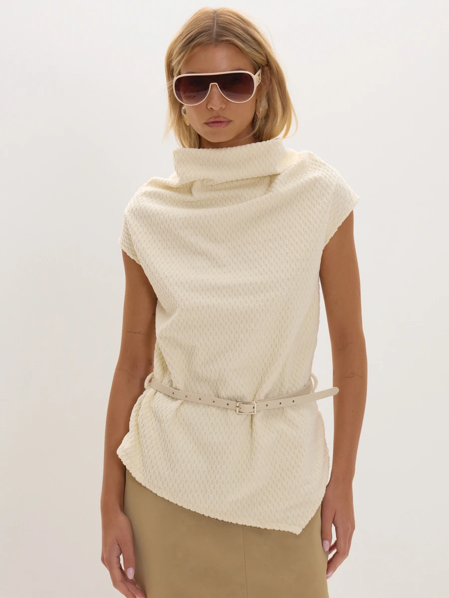 MUSEYN Cream Textured Slouchy Neck Asymmetric Top With Belt Versatile Everyday Casual Chic Date Night New Season Fall - White - View 1