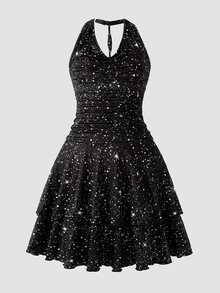 Girls' Black Starry Sky Draped Neck Dress, Cowl Neck Design With Ruched Waist, Double-Layer Ruffle Hem For Fluid Movement, Atmospheric Style, Suitable For Party And Halloween, Creating A Delicate Sweet And Cool Girl Look - Black - View 7
