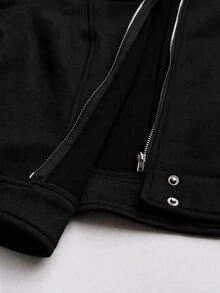SHEIN EZwear 棕色仿麂皮女款夾克，適合公路旅行、波多黎各度假、秋季休閒穿搭 - 黑色 - 查看 10