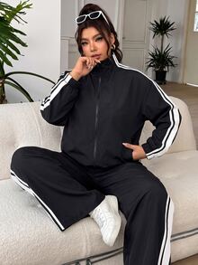 SHEIN EZwear Plus Size Women's Colorblock Long Sleeve Jacket And Pants Casual Daily 2 Pieces Set - Black and White - View 9