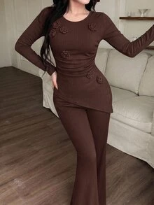 Feyla Plus Size Women Solid Color 2 Pieces Set Round Neck Floral Decor Slim Fit Suitable For Night Out, Holiday, Home, Daily, Birthday Party, Date - Coffee Brown - View 6