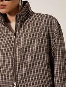 MERLEAU Women's Stand Collar Zip-Up Modern Brown Plaid Drawstring Waist Long Sleeve Jacket - Brown - View 6