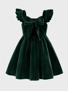 SHEIN 少女深酒紅色休閒純色洋裝 - 綠色 - 查看 5