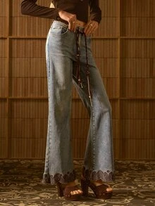 MOTF STUDIO WOMEN'S AUTUMN/WINTER VINTAGE WASHED BOHEMIAN EMBROIDERED HEM DENIM LONG PANTS - Medium Wash - View 3