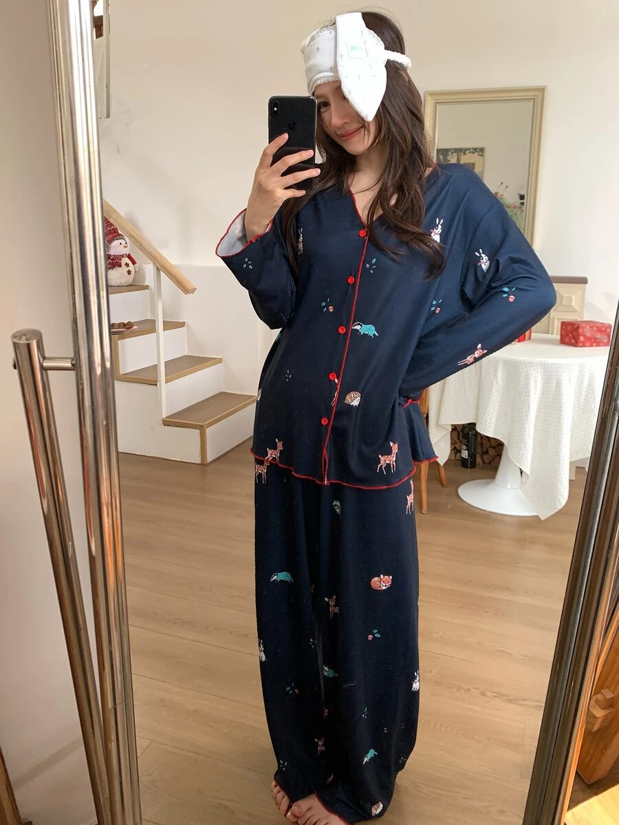 DAZY Women's Long Sleeve Top And Pants Casual Daily Home Sleepwear Set - Navy Blue - View 1