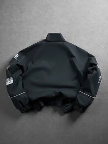 Manfinity EMRG 男士印花休閒長袖戶外防風夾克，長袖賽車夾克 - 深灰色 - 查看 2