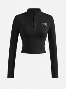 SHEIN Girlism 青少年女孩休閒黑色拉鍊夾克，秋季街頭風修身長袖短版夾克，半拉鍊V領彈性開襟衫基礎必備外套 - 黑色 - 查看 1