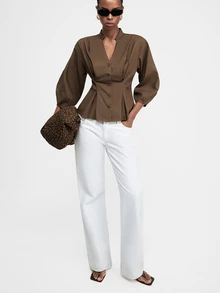ATUI Studio Women's V-Neck Solid Color Single-Breasted Ruched Waist 3/4 Sleeve Commuter Versatile Blouse - Brown - View 2